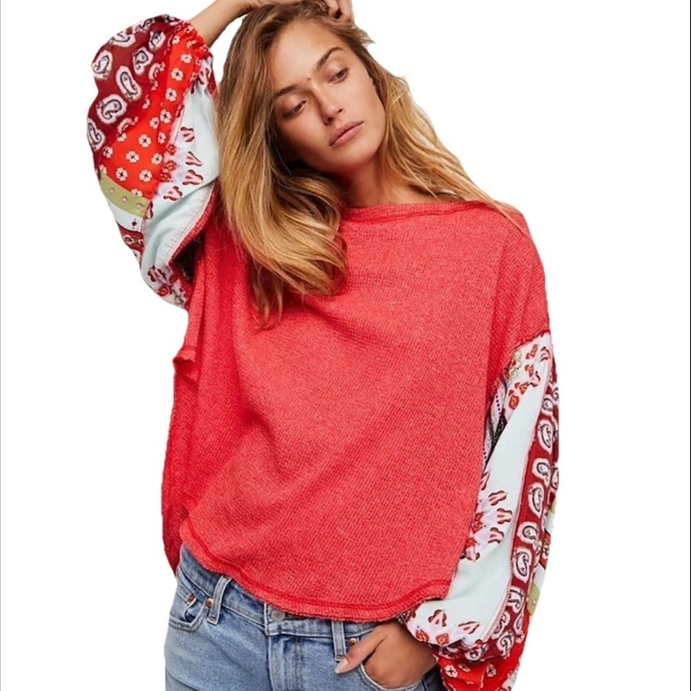 We The Free Sz XS Red Blossom Thermal Balloon Sleeve Top Shirt Boho Free People
